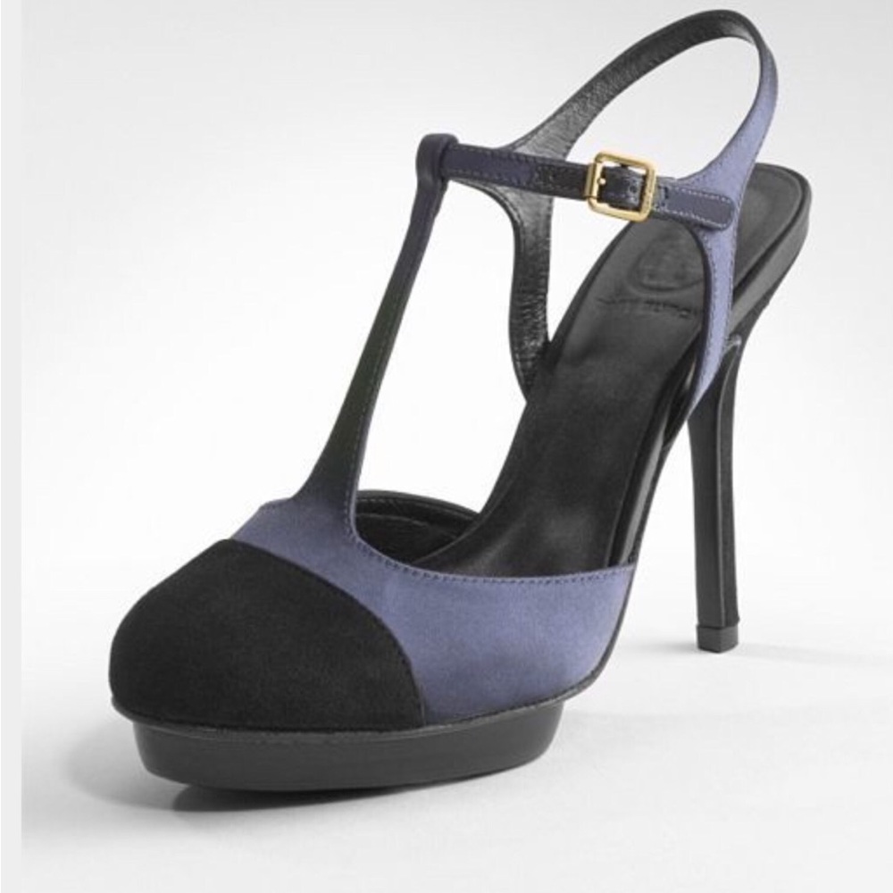 NEW Tory Burch Mandy T-strap satin & suede navy / black high heel sandal 8